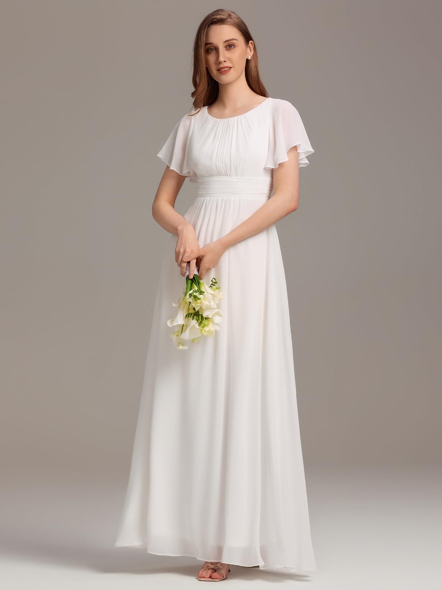 Ever-Pretty Women's Spring Elegant Round Neck Short Sleeve Chiffon Empire Waist Floor Length Formal Dresses Bridesmaid Dress White US14