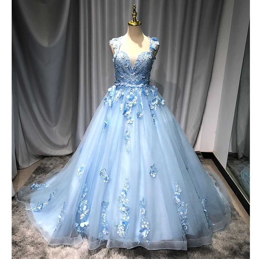 Ball Gown Tulle Off-The-Shoulder Sleeveless Applique Sweep/Brush Train Quinceanera Dresses Sky Blue