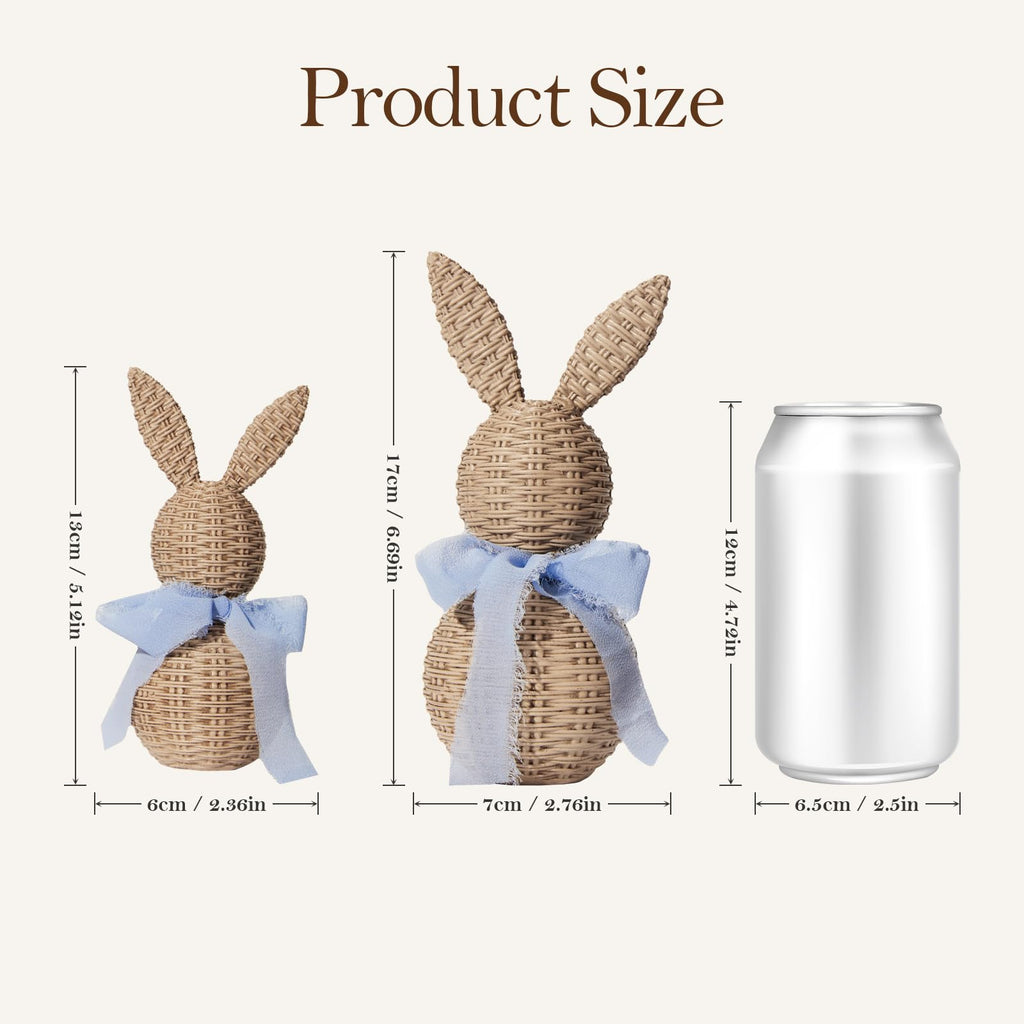 WDS WONDROUS Rattan Effect Resin Bunnies with Light Blue Bow 2-Pcs Large & Small, Easter Decorations Bunny Figurines Set, Farmhouse Spring Table Centerpiece Decor for Home Wedding Gift