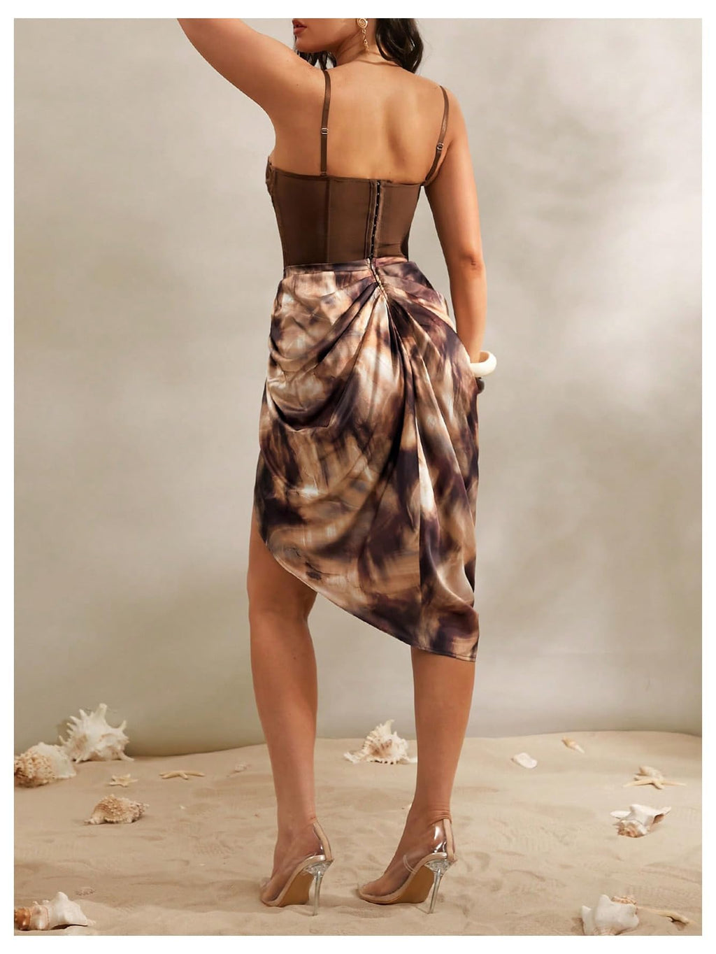WDIRARA Women's Ruched Hign Split Midi Skirts Side Slit High Waist Wrap Skirt Multicolor Brown Large