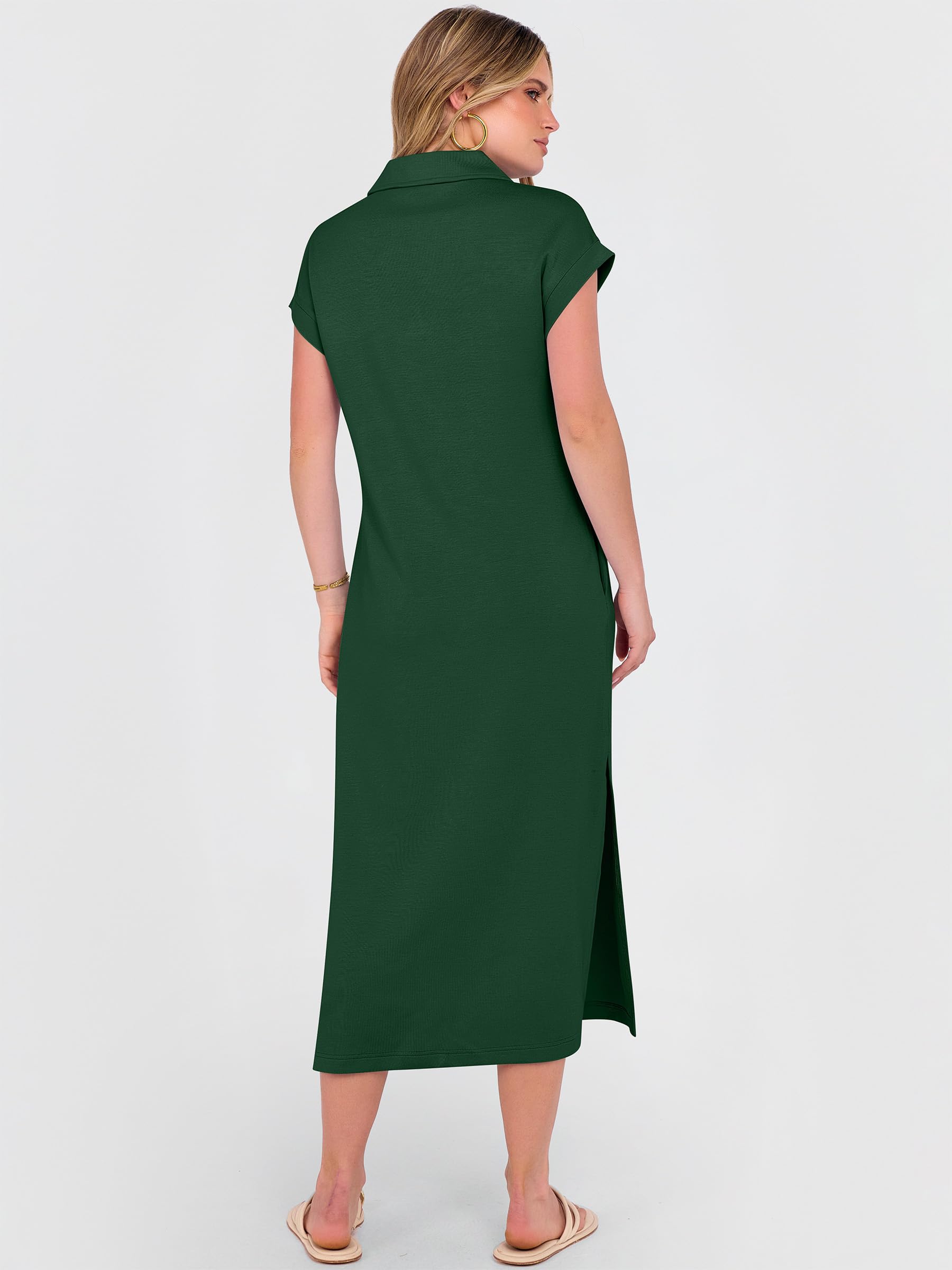 ANRABESS Womens Summer Casual Midi Dresses Short Sleeve Polo V Neck Loose Split Wrinkle-Free Beach Vacation Tshirt Maxi Dress Forest Green Large