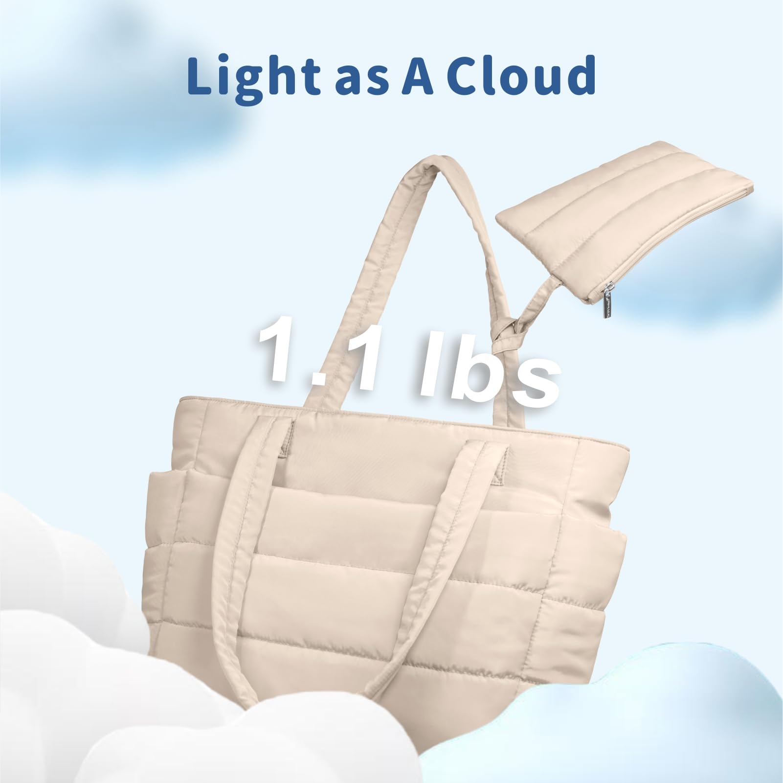 TOPDesign Puffer Tote Bag for Women, Lightweight Puffy Handbag with Compartments & Cosmetic Bag, Quilted Shoulder Bags for Work, Travel, Gym, Gifting (L Beige)