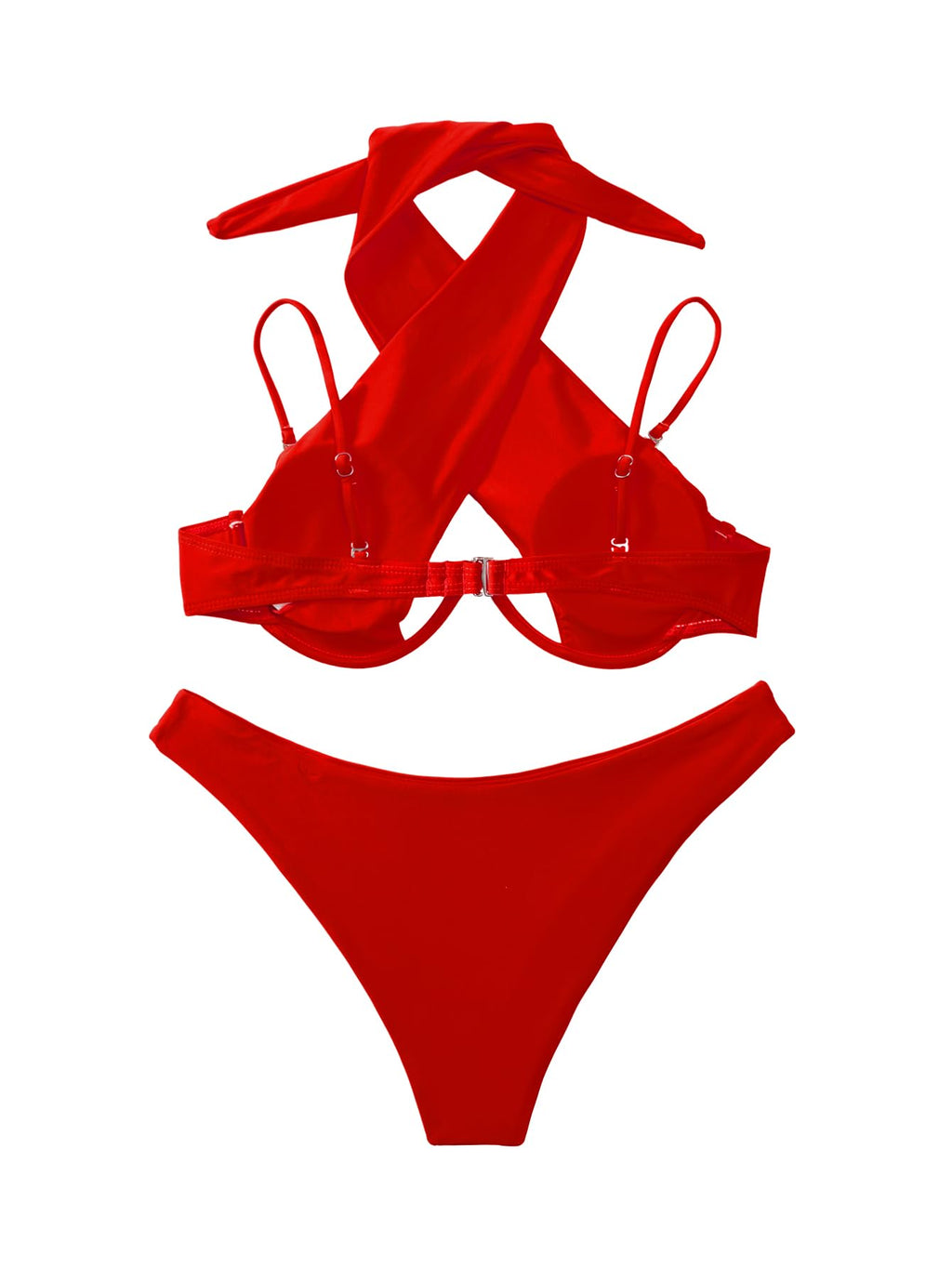 Lilosy Sexy Cute Underwire Push Up Cutout Halter Criss Cross High Cut Leg Thong Brazilian Bikini Swimsuit Set Women Cheeky Bottom Bathing Suit 2 Two Piece Bright Red Medium