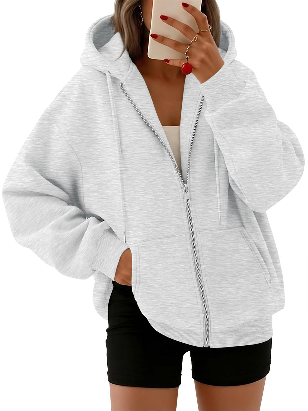 Trendy Queen Womens Zip Up Hoodies Oversized Sweatshirts Fall Fashion Spring Outfits Casual Jackets 2026 Winter Clothes Grey S