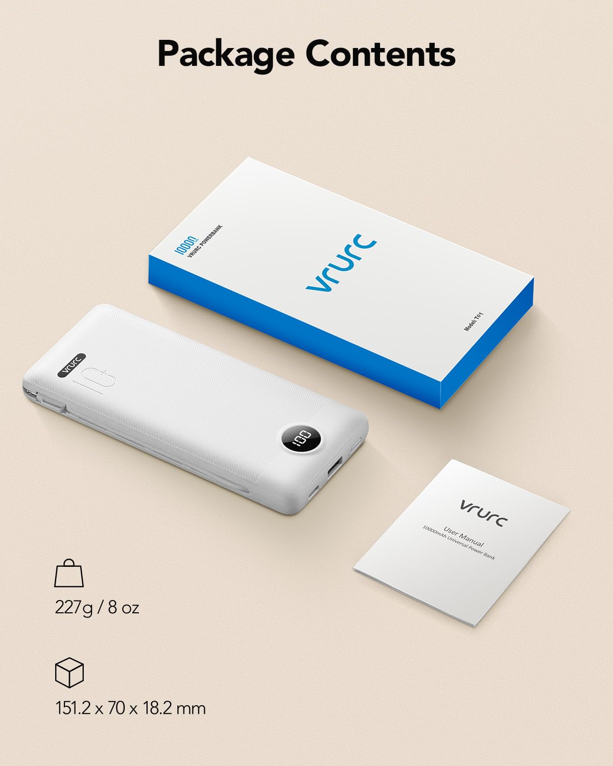 VRURC Portable Charger with Cables and Wall Plug | Power Bank with Cords | 10000mAh Portable Charger with AC Plug | External Battery Pack (Pure White)