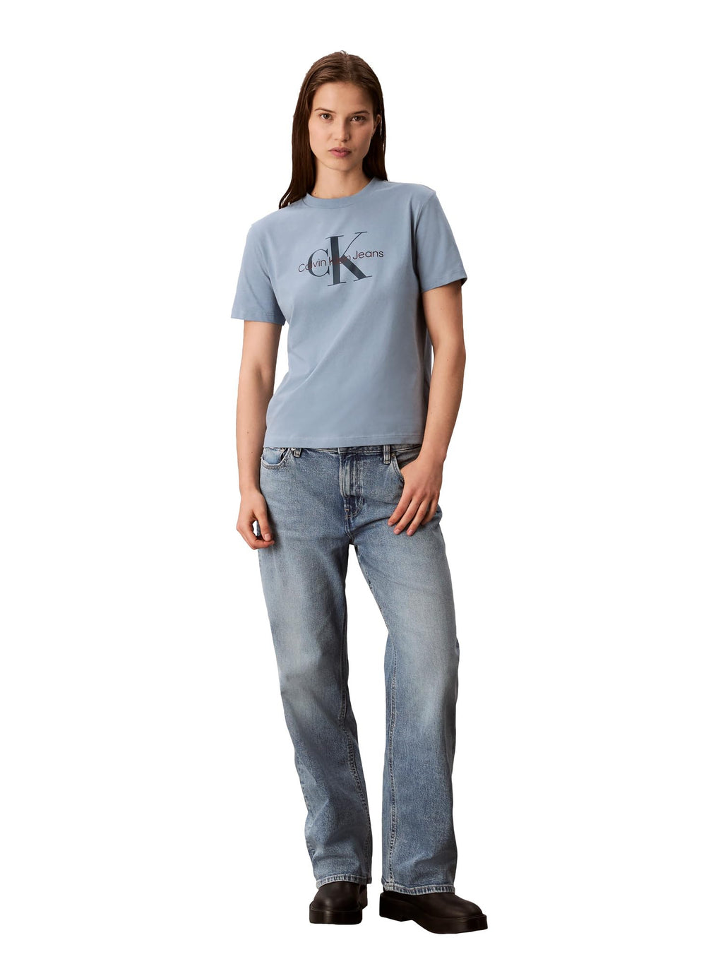 Calvin Klein Women's Monogram Logo Crewneck T-Shirt Faded Denim