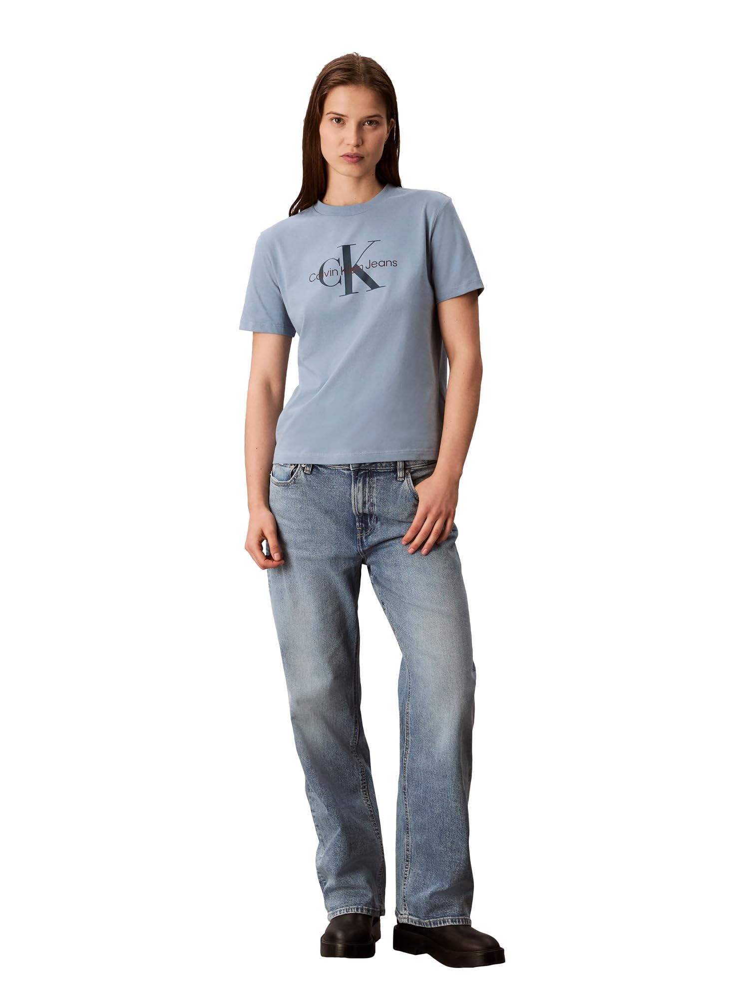 Calvin Klein Women's Monogram Logo Crewneck T-Shirt Faded Denim