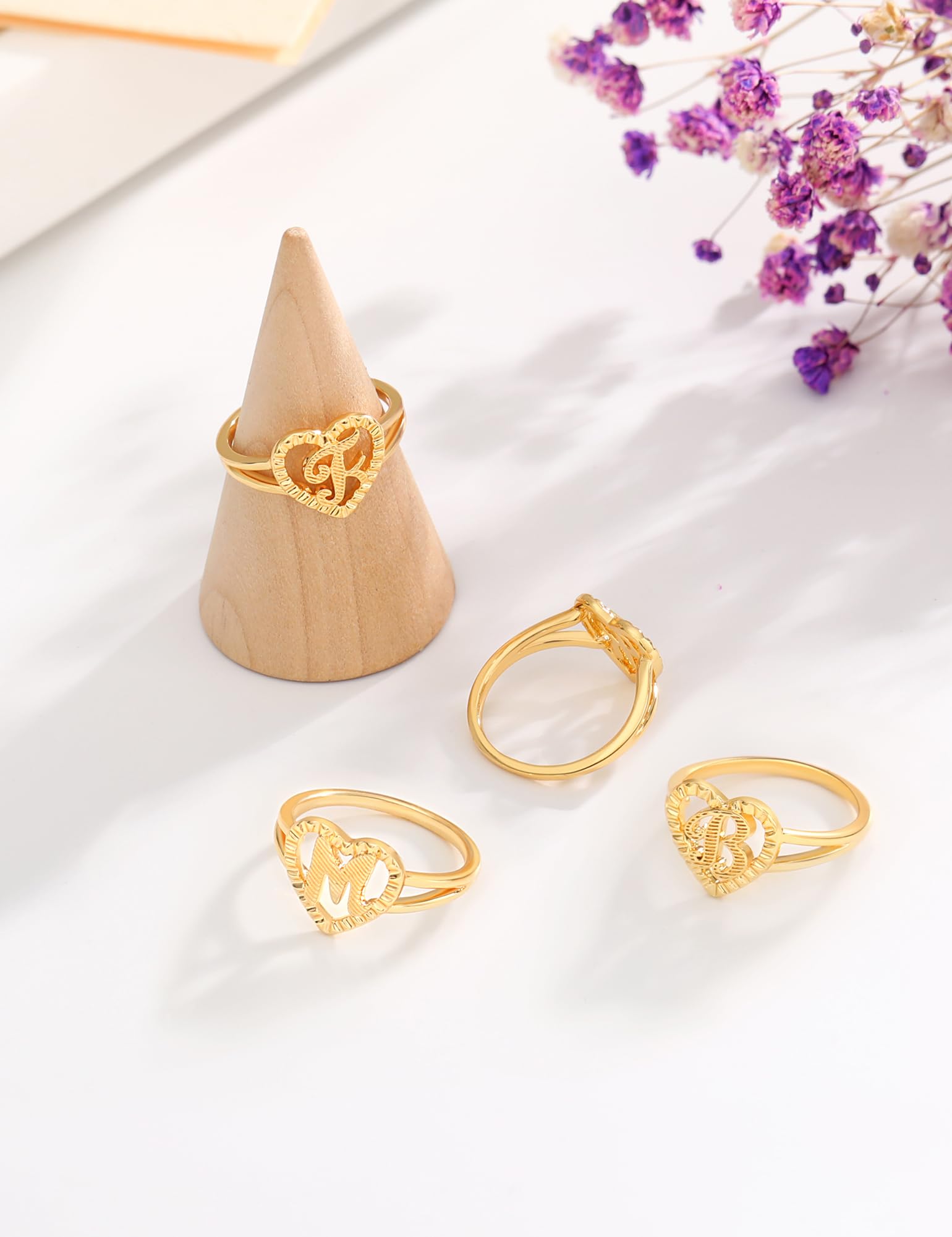 RLMOON Gold Initial Rings for Women Non Tarnish 14K Gold Plated Vintage Heart Love Rings Personalized Carved Letter A Statement Stackable Rings Size 7 Jewelry Gifts
