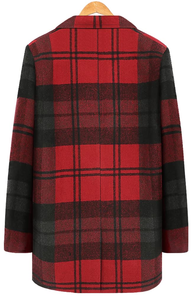 chouyatou Men's Casual Notched Collar Plaid Single Breasted Wool Blend Formal Trench Top Coat (Wine Red-Plaid, Large)