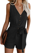 Acelitt Women Casual V Neck Sleeveless Button Down Belted Summer Short Jumpsuit Rompers Playsuit Short Pants with Pockets Black Medium