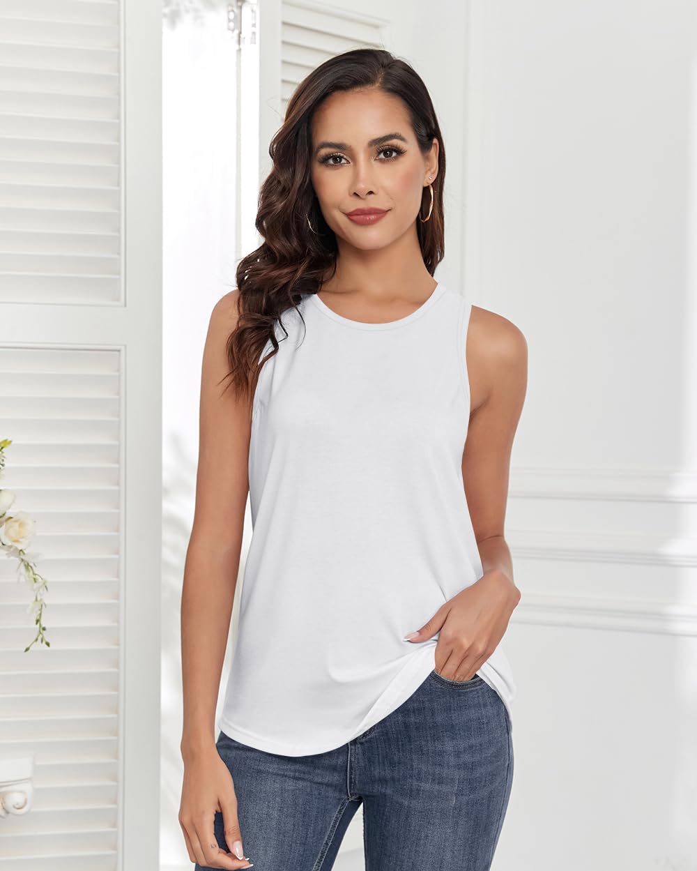 Smile Fish Women Crewneck Flowy Loose Fit Tank Top Sleeveless Summer Tops Shirts Cotton White,M