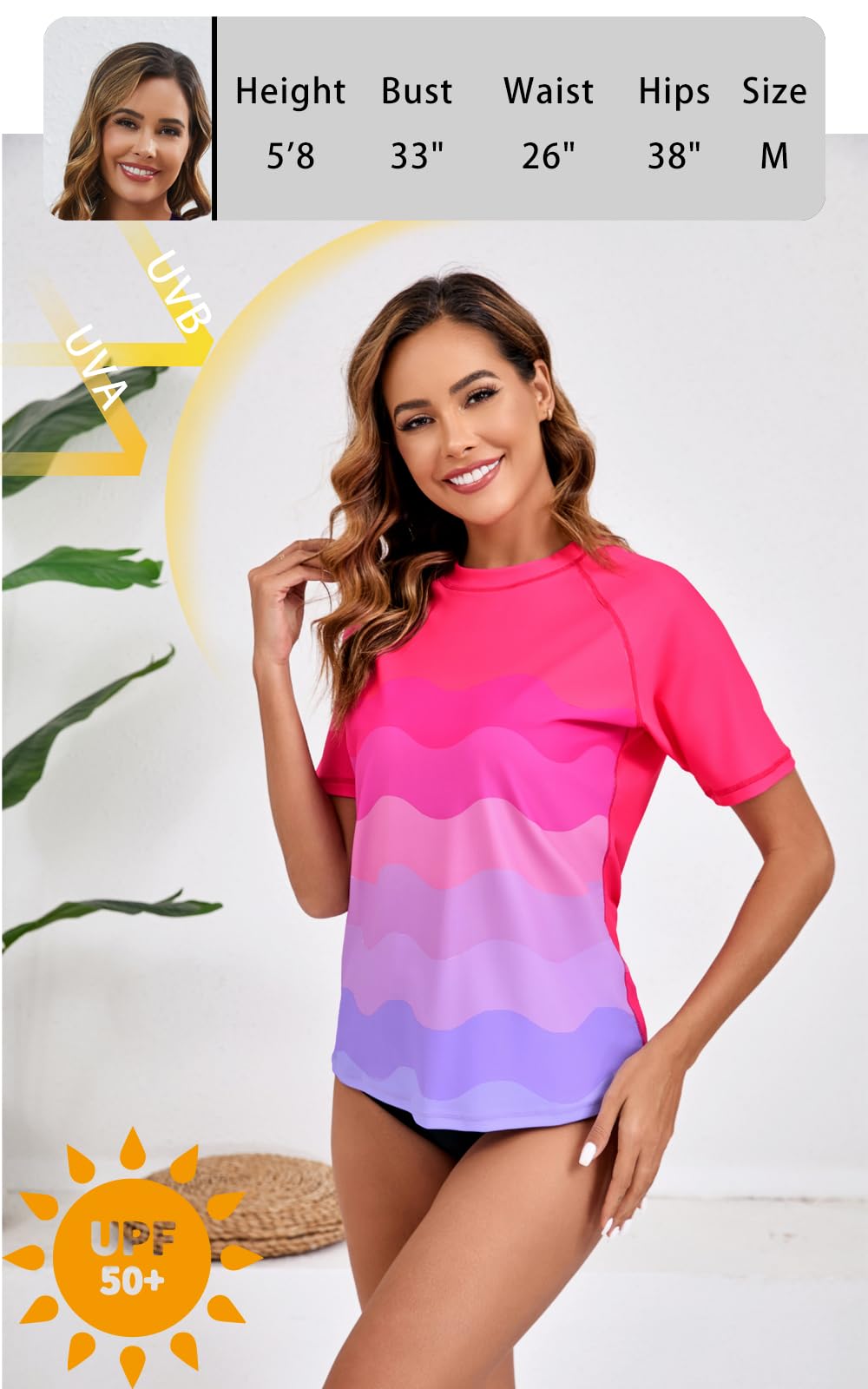 Halcurt Women's Short Sleeve Swim Shirt Rash Guard Swimsuit Top Only UPF50+ Sun Protection Bathing Suit Ombre Pink Light Purple M