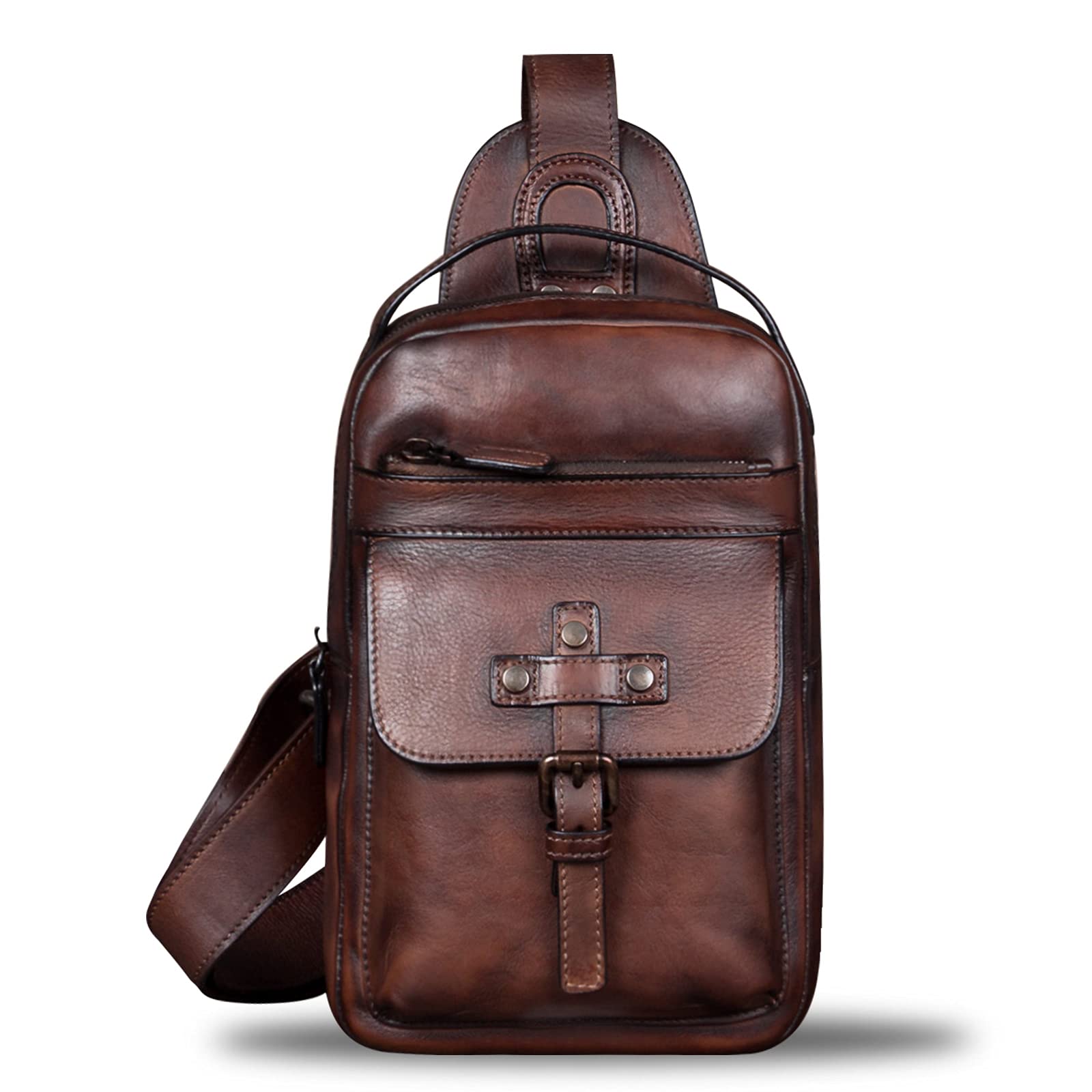 IVTG Genuine Leather Sling Bag Chest Shoulder Fanny Bag Hiking Backpack Vintage Handmade Crossbody Daypack (Coffee)