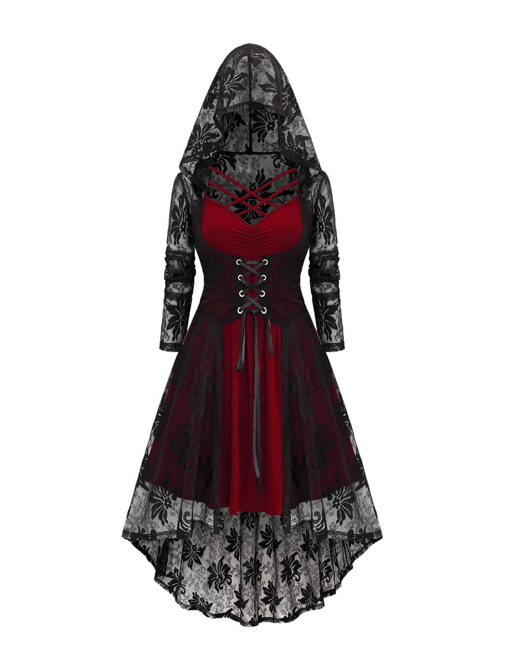 ROSE GAL Womens Plus Size 2pcs Witch Halloween Costume Gothic Lace Hooded Lace-up High Low Hem Long Top and Crisscross Strappy Cami Dress(Red/3X)