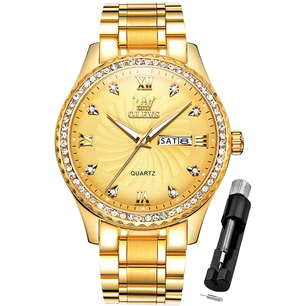 OLEVS Men Gold Watches Luxury Diamond Stainless Steel Large Watches Business Dress Waterproof Luminous Date Wrist Watch for Men
