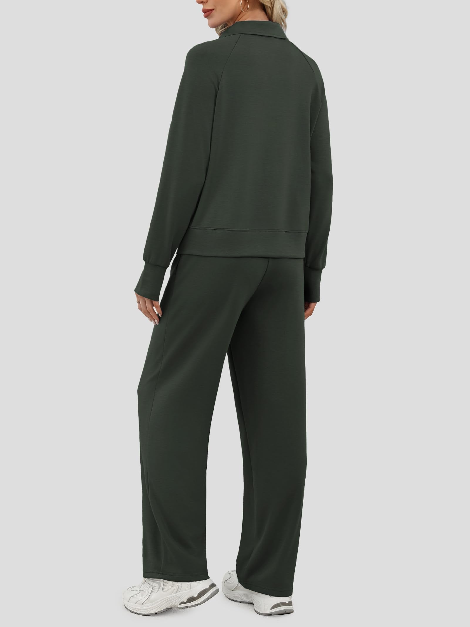 Casly Lamiit Two Piece Lounge Set for Women Matching Casual Sweatsuit Winter Long Sleeve Half Zip Sweatshirt Wide Leg Pants Travel Outfits Airport Athleisure Clothes Dark Grey Green M