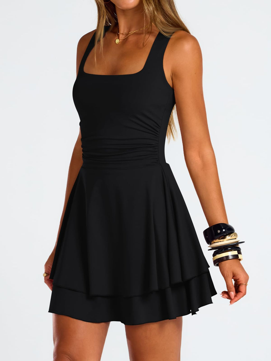 Trendy Queen Womens Mini 2026 Summer Spring Party Cruise Beach Vacation Clothes Outfit Athletic Resort Wear Date Night Teen Cute Flowy Sun Sundress Ruched Birthday Homecoming Short Dress Black