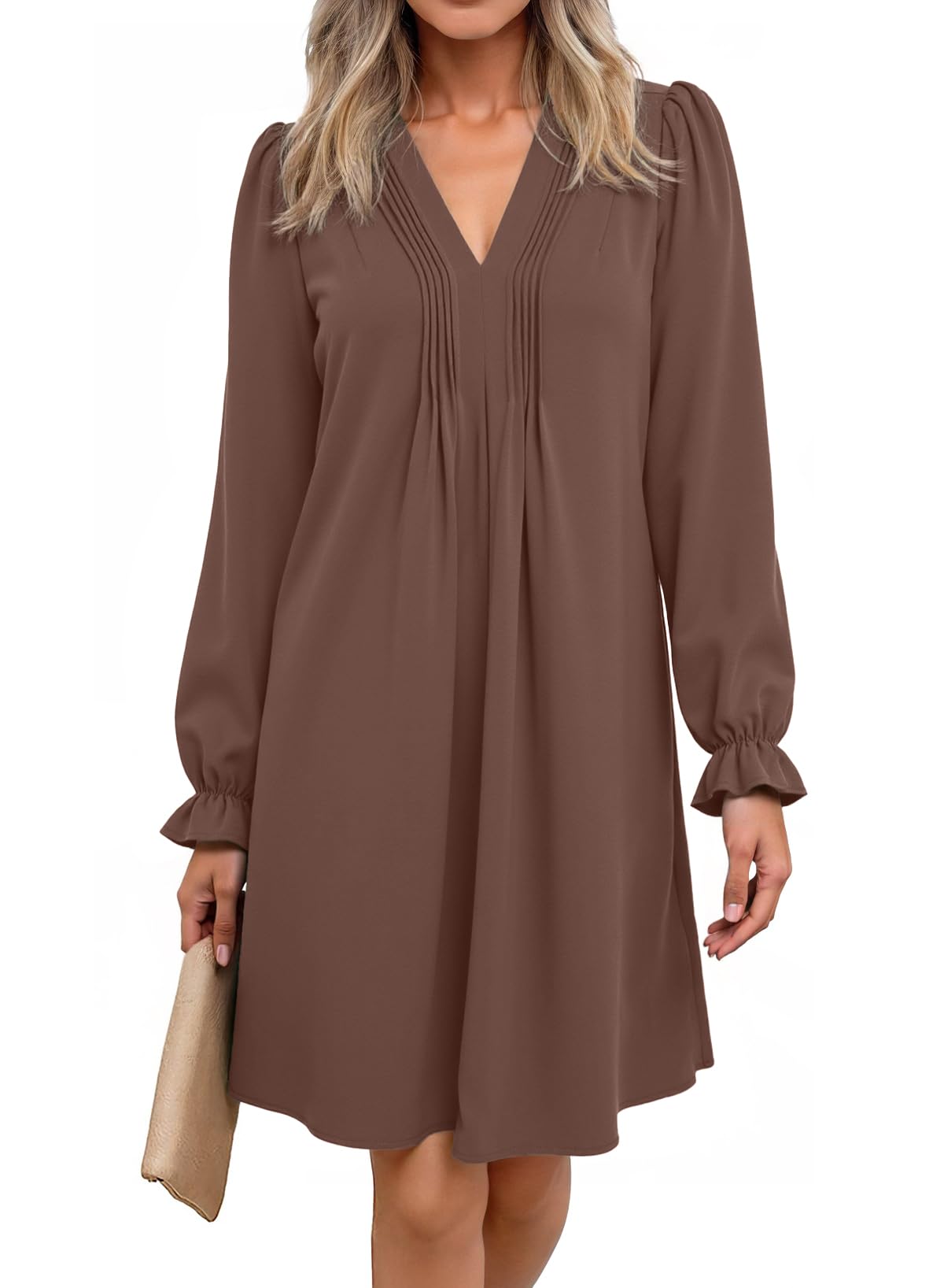 Dokotoo Womens Spring Dress V Neck Sexy Elegant Plus Size Shirt Dresses Long Puff Sleeve Fall Dresses Classy Brown Midi Dress for Beach Party Work Outfit Large