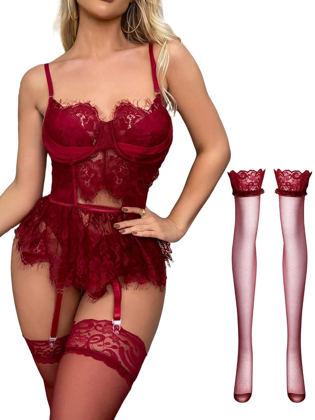 Lilosy Sexy Garter Underwire Push Up Floral lace Eyelash Sheer Babydoll Lingerie Women Teddy Bodysuit Chemise Set See Through Bra Panty Stocking 3 Piece Burgundy Red Small
