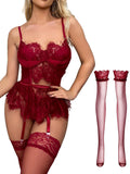 Lilosy Sexy Garter Underwire Push Up Floral lace Eyelash Sheer Babydoll Lingerie Women Teddy Bodysuit Chemise Set See Through Bra Panty Stocking 3 Piece Burgundy Red Small