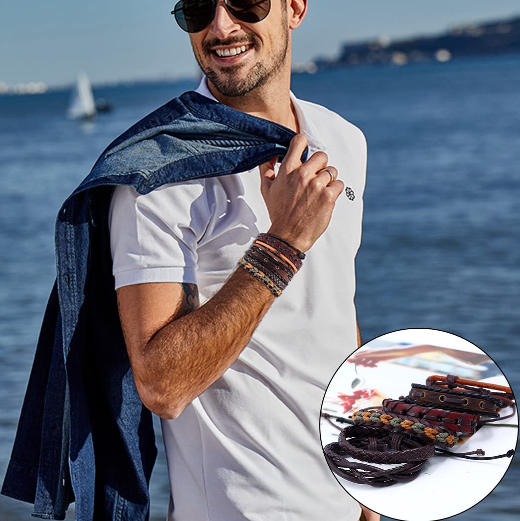 FIRAZIO 42Pcs Braided Leather Bracelets for Men Women Wrap Wood Beads Cuff Bracelet Hemp Cords Ethnic Tribal Handmade Wrap Wristband Bracelets Set Adjustable