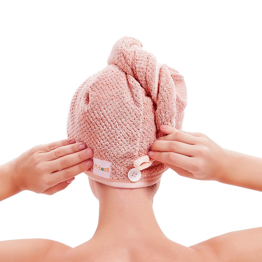 M-bestl 2 Pack Microfiber Hair Towel Wrap,Hair Drying Towel with Button, Hair Towel Turban,Quick Dry,Anti-frizz,Absorbent Head Towel (Pink&Beige)