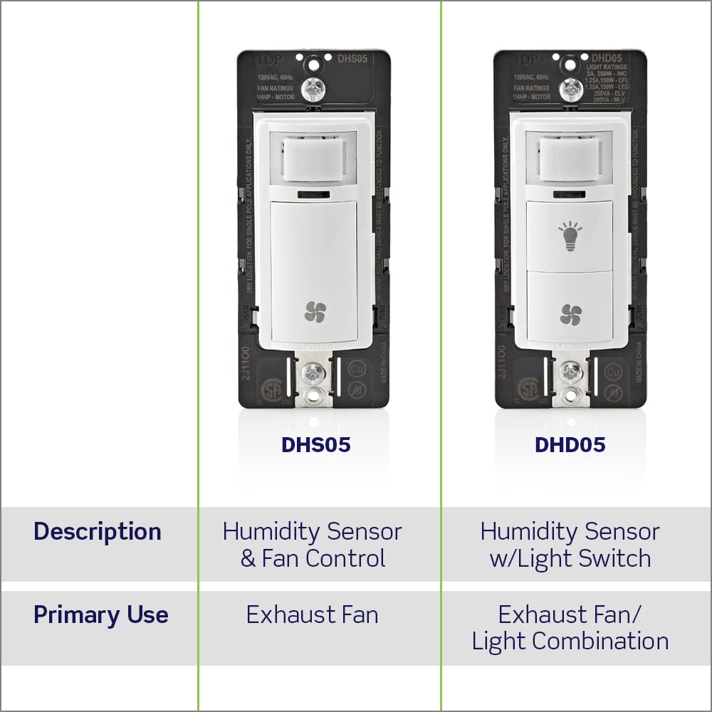 Leviton Humidity Sensor Switch for Bathroom Exhaust Fan, Automate Ventilation, Air Circulation, Moisture Control, ¼ HP, Single Pole, DHS05-1LW, White