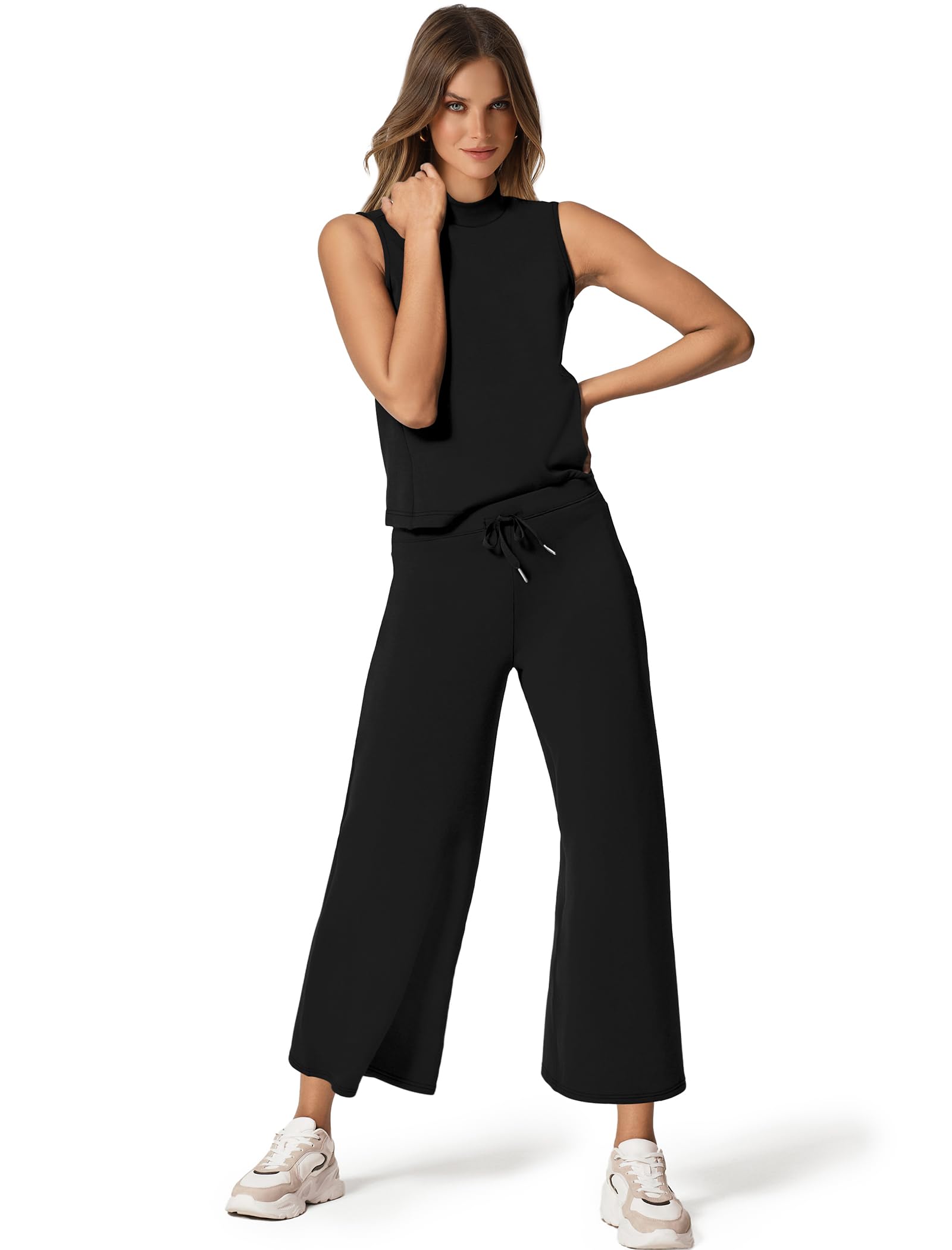 Sampeel Two Piece Set for Women Casual Lounge Sets Summer Outfits Matching Sets Women Fashion Clothing Business Casual Vacation Travel Comfiest Airport Outfits Mock Neck Black 2025 M