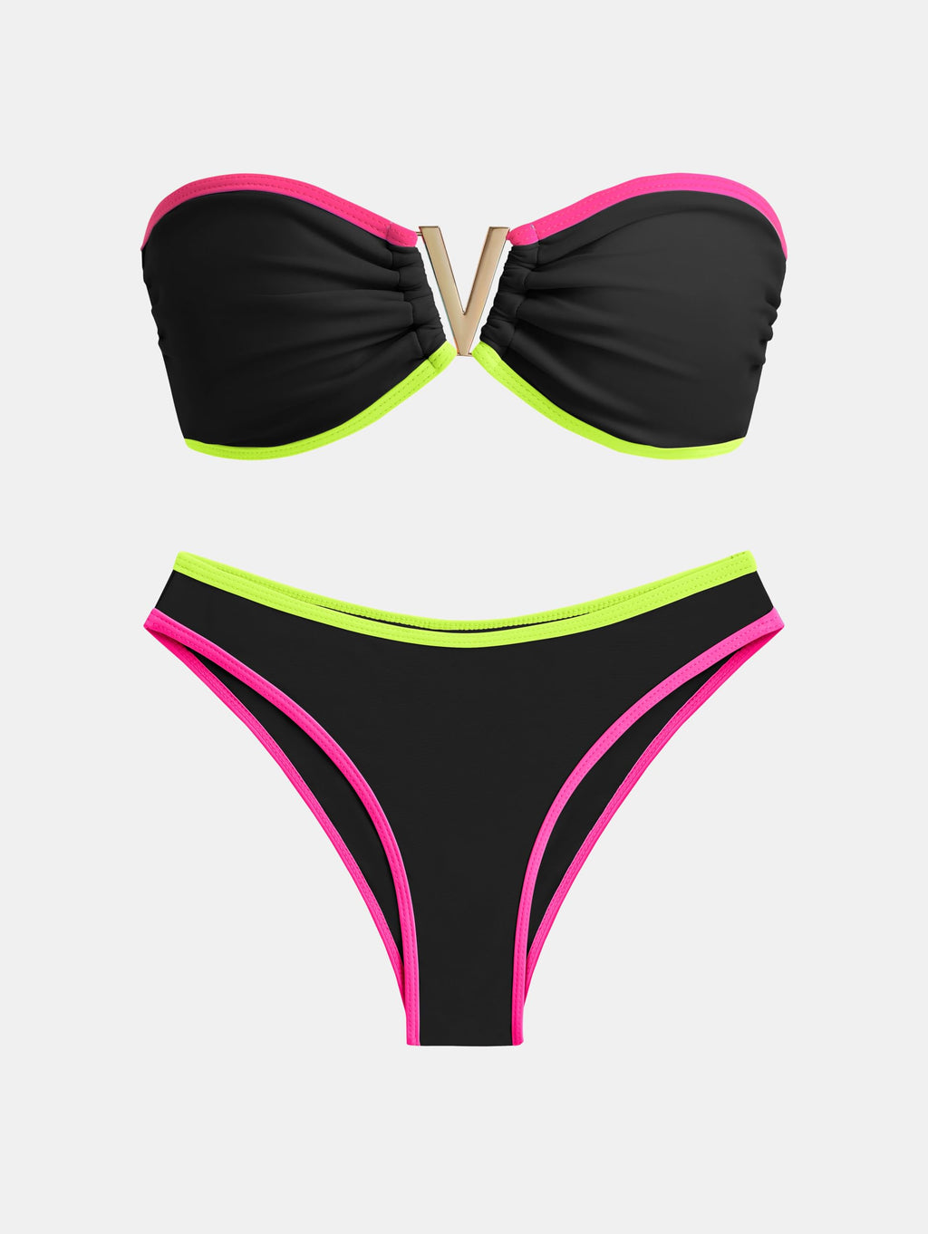ZAFUL Women's Bandeau Bikini V Strapless Confetti Colorblock Tie Back High Cut Two Piece Swimsuit Bathing Suits (1-Black, M)
