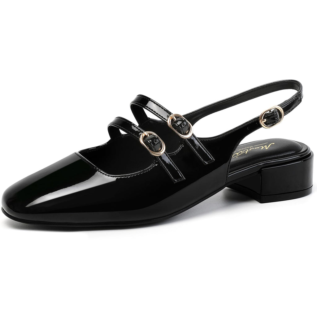 Mostrin Black Mary Jane Shoes Women Slingback Chunky Low Heels for Women Closed Rounded Toe Ankle Strap Pumps Daily Wedding Party Dress Shoes Size 6