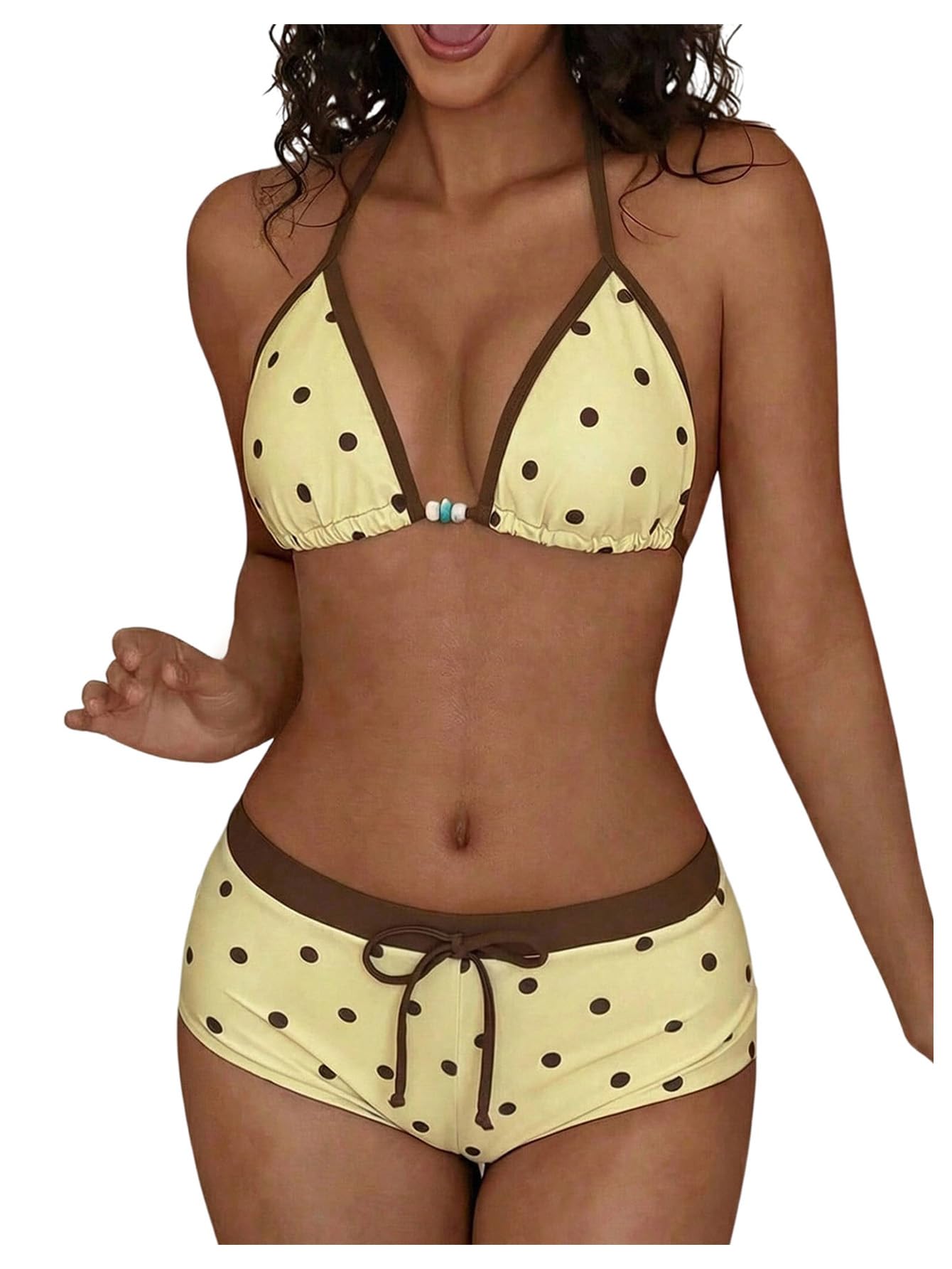 WDIRARA Women's Polka Dots 2 Piece Swimsuit Triangle Halter Bikini Set Boyshorts Bathing Suit Light Yellow Small