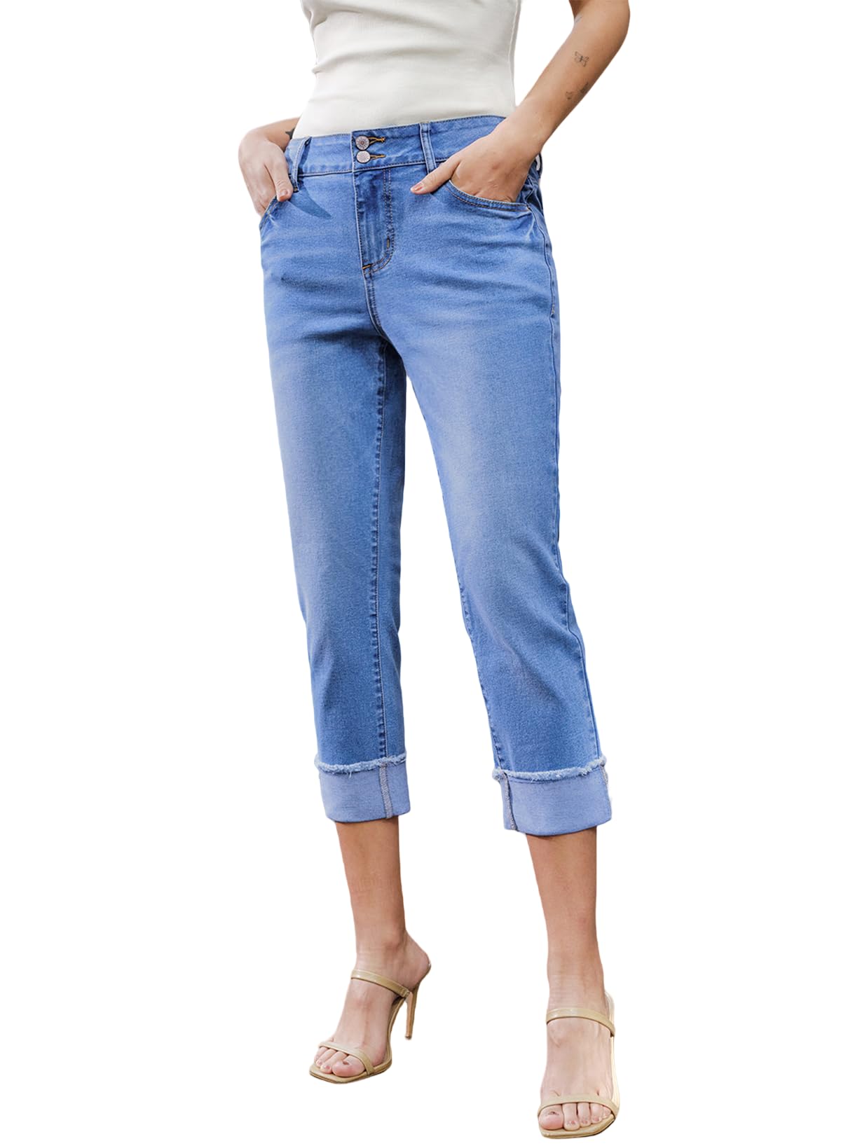 Sidefeel Women's High Waisted Stretchy Skinny Roll-up Summer Cuffed Cropped Denim Capri Pants Light Blue Size 6