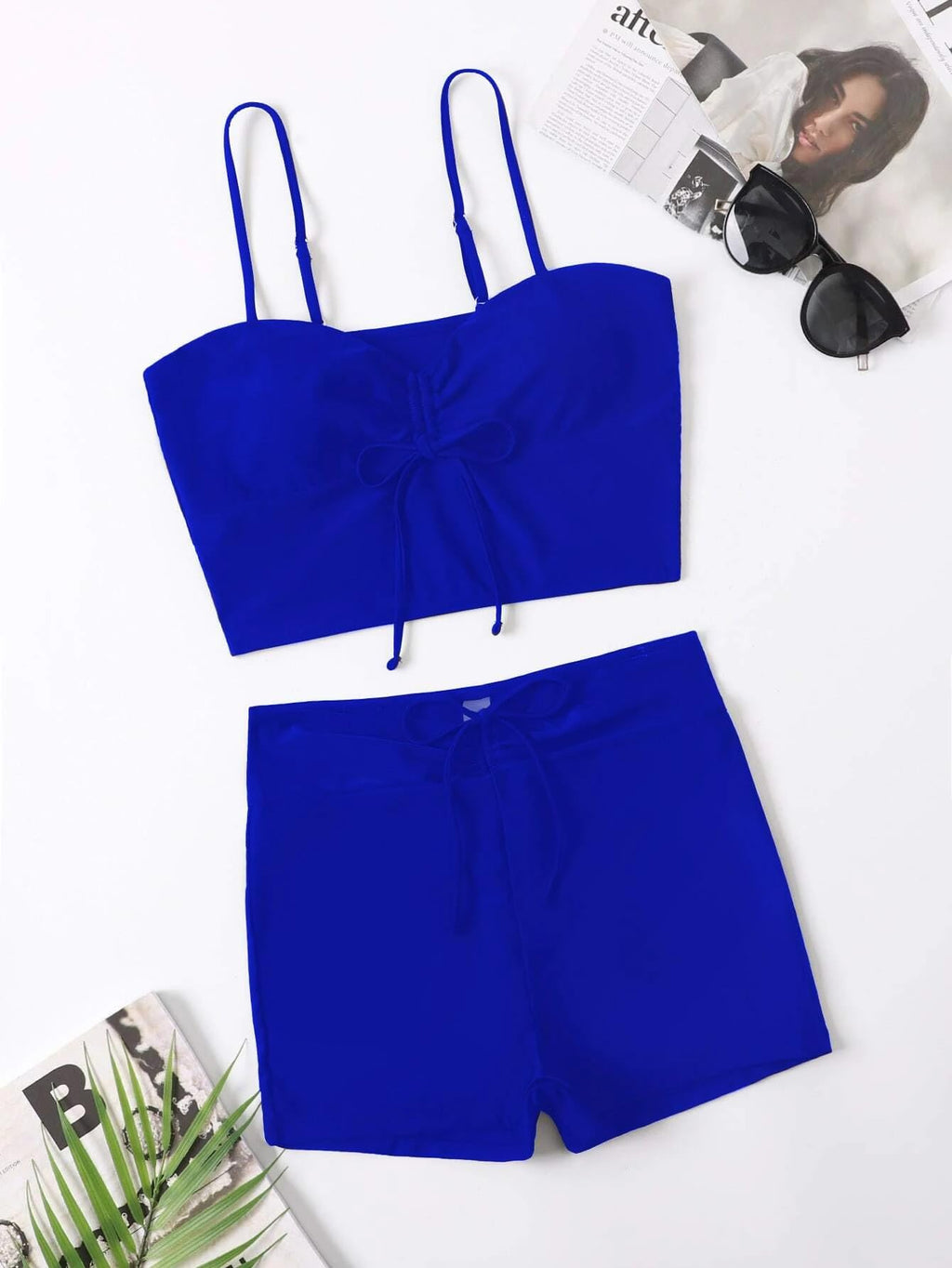 Lilosy Petite High Waisted Tummy Control Drawstring Bikini Set String Swimsuit Cami Top and Tie Side Shorts 2 Piece Women Bathing Suit Royal Blue X-Small