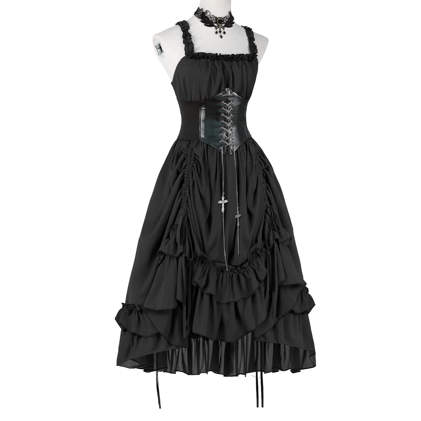 yiranyijiu Women's Steampunk Dress Renaissance Victorian Costume Women Gothic High Low Dresses(LYQ0015BKS,L)