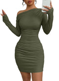 Acelitt Fall Off the Shoulder Dresses for Women 2025 Long Sleeve Ruched Bodycon Cocktail Party Mini Dress Green Large