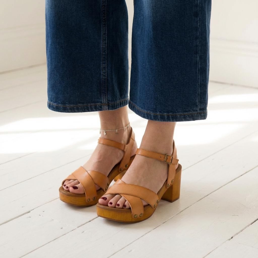 CUSHIONAIRE Slate Faux Wooden Heel Sandal, Comfortable Platform Sandals with Chunky Heels for Women Wide Widths Available,HONEY 6