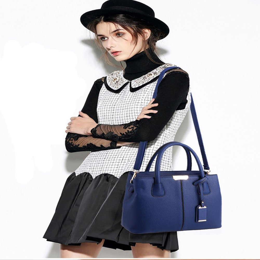 FiveloveTwo Women Classy Satchel Handbag Elegant PU Tote Purse Handle Bag Shoulder Crossbody Bag Dark blu