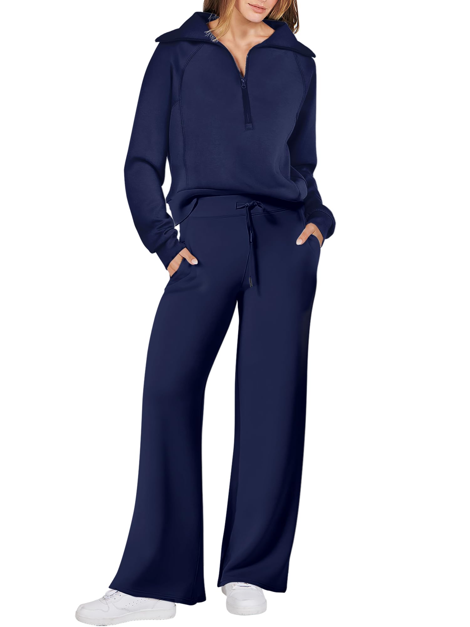 ANRABESS Women 2 Piece Outfits 2025 Fall Fashion Airport Wide Leg Pants Lounge Set Leisure Travel Vacation Clothes Sweatsuits Navy Blue Large