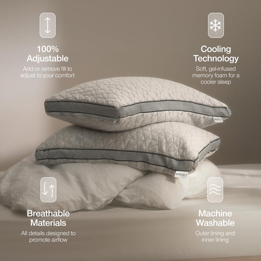Coop Home Goods Eden Bed Pillow Queen Size for Sleeping on Back, Stomach and Side Sleeper- Medium Soft Memory Foam Cooling Gel - CertiPUR-US/GREENGUARD Gold
