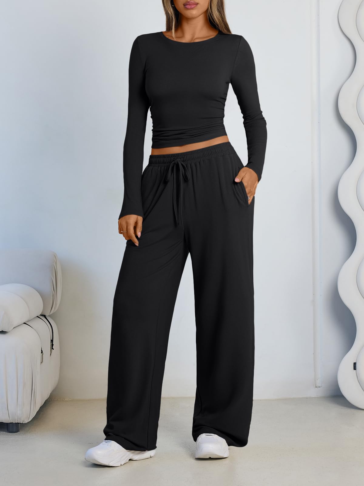 LILLUSORY Lounge Sets for Women Two 2 Piece matching Loungewear Sets Women Winter Clothing 2026 Fall Fashion Travel Airport Outfits Sweatsuits Casual Cute Clothes Black M