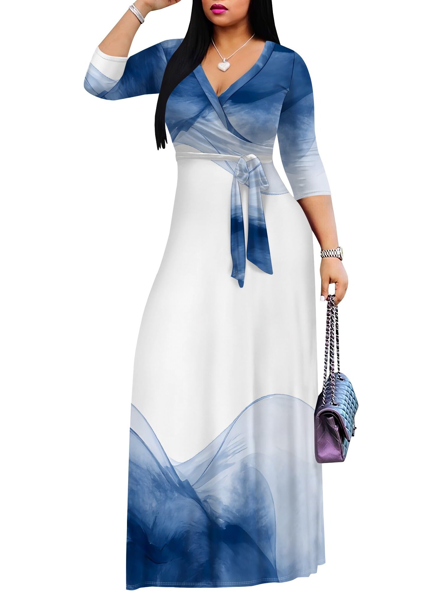 PinkPatty Plus Size Maxi Dress for Women 3/4 Sleeve V Neck Long Dress Casual Party Sundress with Belt (A-Blue White/tie-dye 2XL)