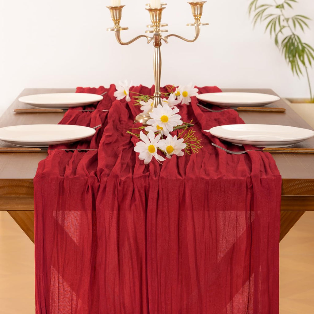 Socomi Red Cheesecloth Table Runner Valentine's Day Boho Rustic Gauze 120 inch 10FT Cheese Cloth Runner for Wedding Party Baby Shower Birthday Home Decor Holiday Decorations