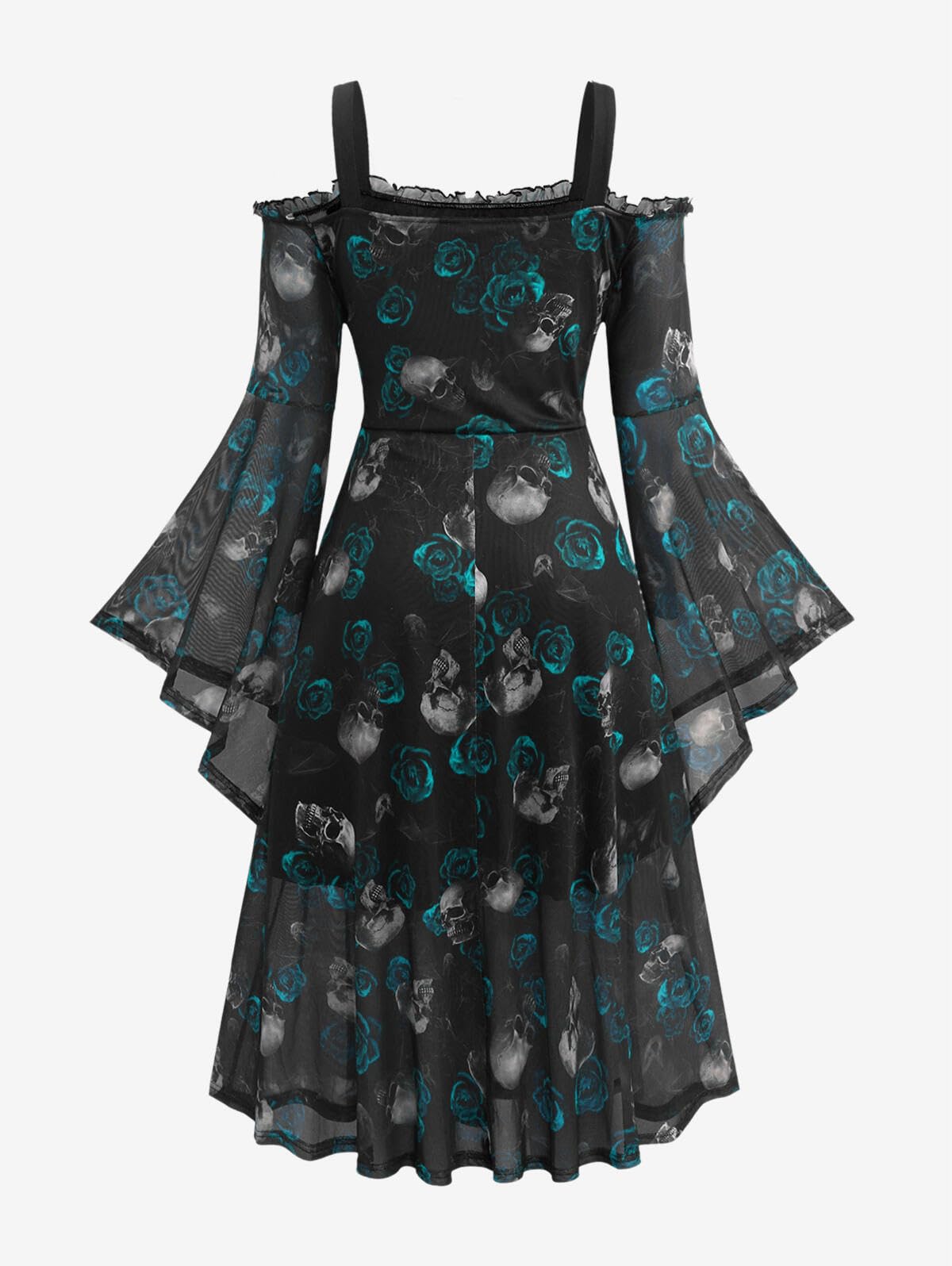 Rosegal Plus Size Women Medieval Renaissance Costume - Gothic Bell Sleeves Cold Shoulder Skulls Rose Mesh Dress - Blue (1/1X)