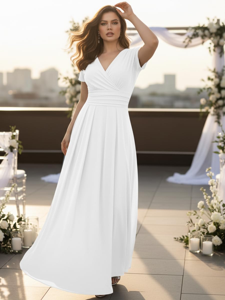 KOH KOH Plus Size Long Pleated Short Cap Sleeve V-Neck Flowy Wedding Guest Bridesmaid Dressy Elegant Evening Empire Waist Spring Summer Modest Maxi Dress Gown, White 2XL 18-20