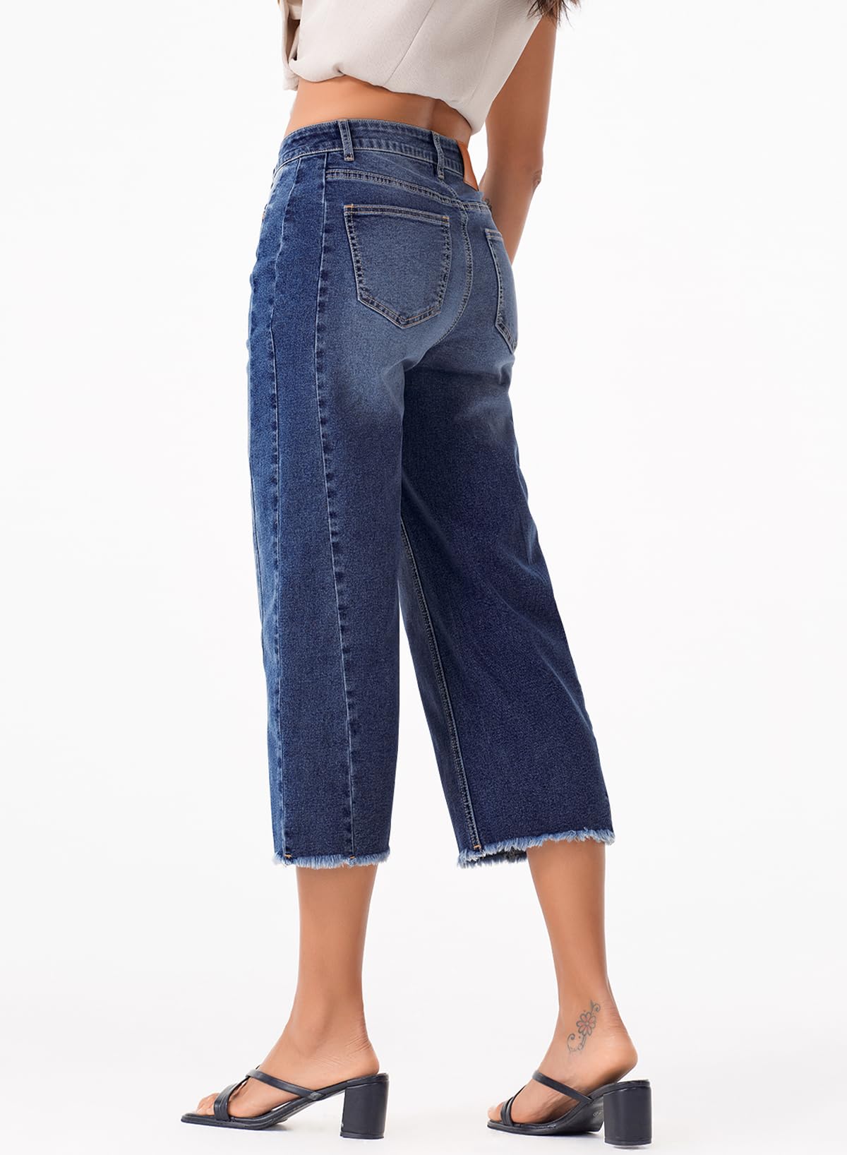 Sidefeel Women's High Waisted Jeans Stretchy Straight Leg Raw Hem Capri Pants Size 8 Dark Blue