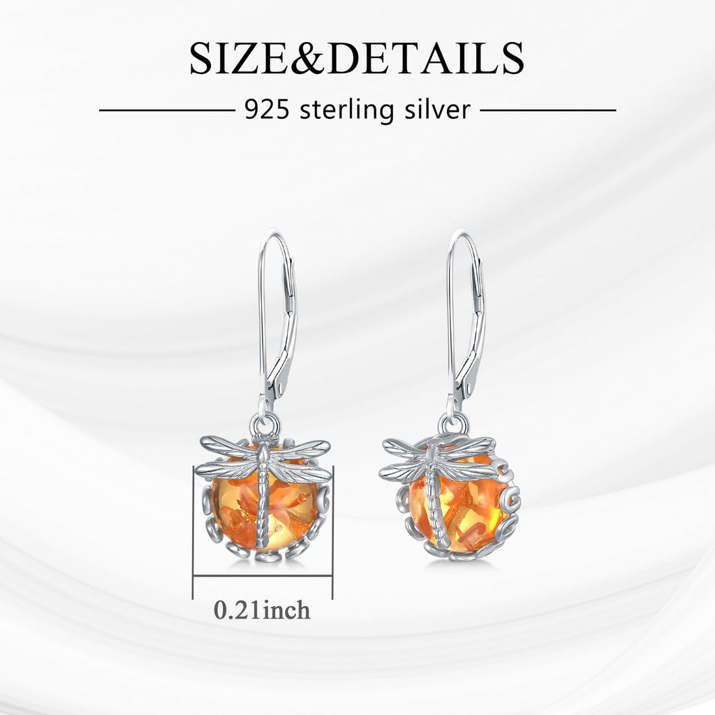 KZX Dragonfly Earrings for Women 925 Sterling Silver Amber Dangle Earrings Dragonfly Earrings Dangle Jewelry Gift for Wife Mom Nana