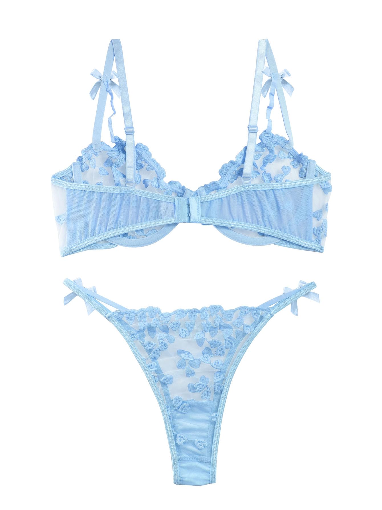 Lilosy Sexy Cute Underwire Push Up Strappy Heart Embroidered Mesh Sheer Lingerie Set for Women Bachelorette See Through Bra and Panty 2 Piece Bow Light Blue Small