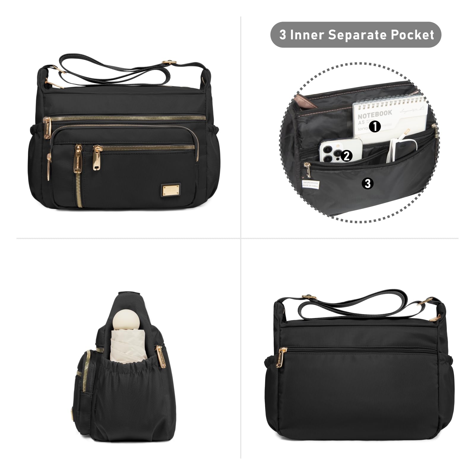 NPBAG Crossbody Bag for Women, Nylon Shoulder Purse Handbag Messenger Bag, Trendy Pocketbooks, Waterproof and Multi-Pockets (Black)