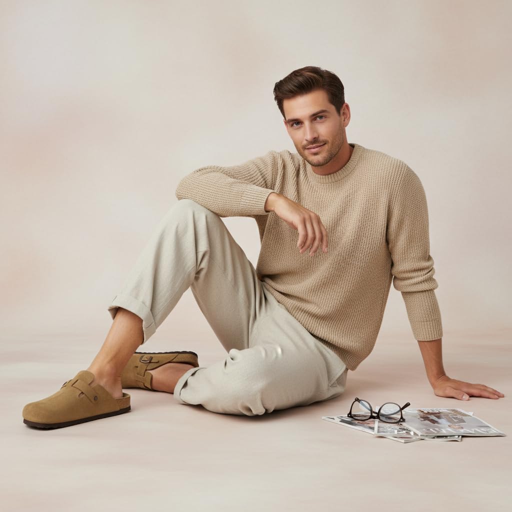 CUSHIONAIRE Haze Genuine Suede Leather Mens Clogs - Comfortable Slip On Potato Shoes for Men with Adjustable Buckle, BROWN 10