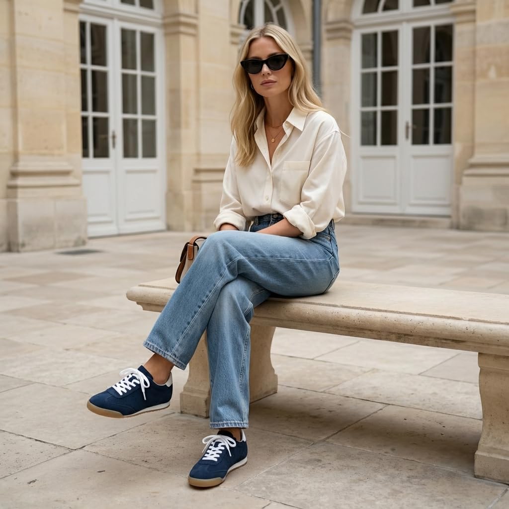 CUSHIONAIRE Topcat 100% Genuine Leather Suede Sneakers for Women, Lightweight Everyday Casual Womens Shoes with Retro Style and Cushioned Comfort, Navy 8.5